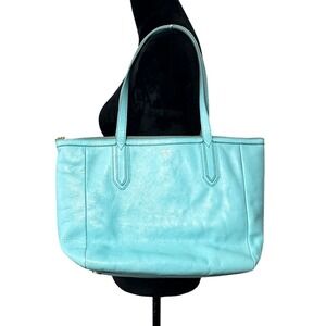 Fossil Blue Leather Zip Top Tote Shoulder Bag Large Brass Hardware Work Purse